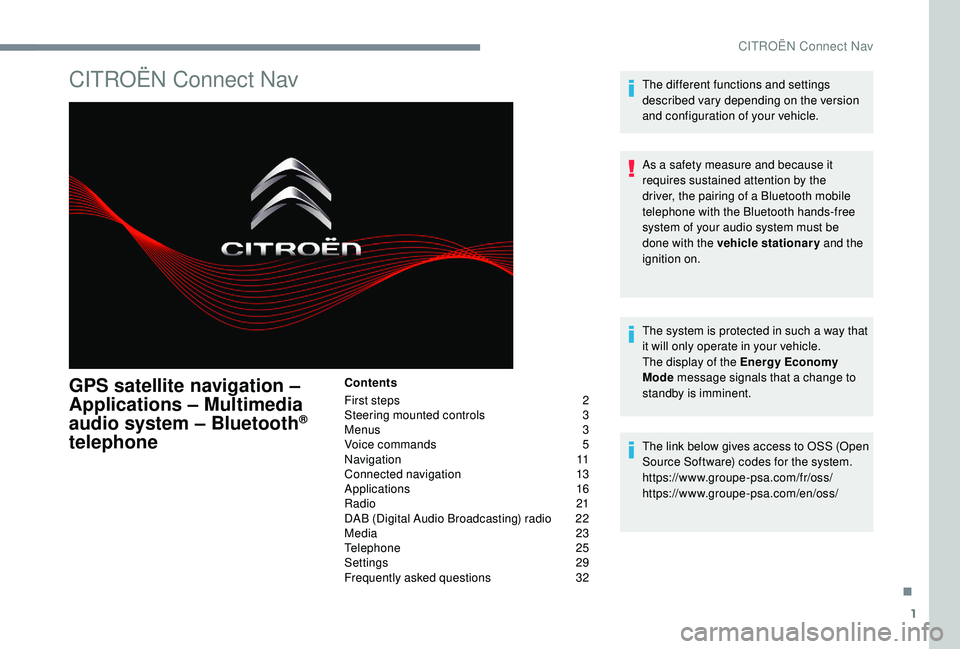 CITROEN C4 PICASSO 2019  Owners Manual 1
CITROËN Connect Nav
GPS satellite navigation – 
Applications – Multimedia 
audio system – Bluetooth
® 
telephone
Contents
First steps 
 
2
S

teering mounted controls   
3
M

enus   
3
V

oi