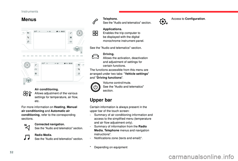 CITROEN C4 PICASSO 2019  Owners Manual 32
Menus
For more information on Heating, Manual 
air conditioning  and Automatic air 
conditioning , refer to the corresponding 
sections.
Upper bar
* Depending on equipment Certain information is al