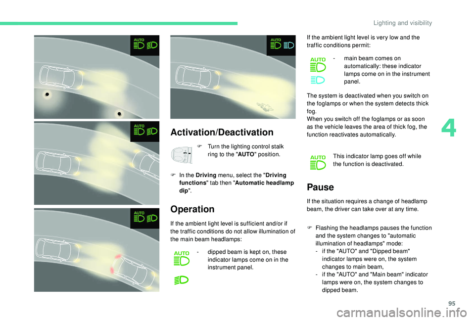 CITROEN C4 PICASSO 2019  Owners Manual 95
Activation/Deactivation
F Turn the lighting control stalk ring to the " AUTO" position.
F
 
I

n the Driving  menu, select the " Driving 
functions " tab then " Automatic headla