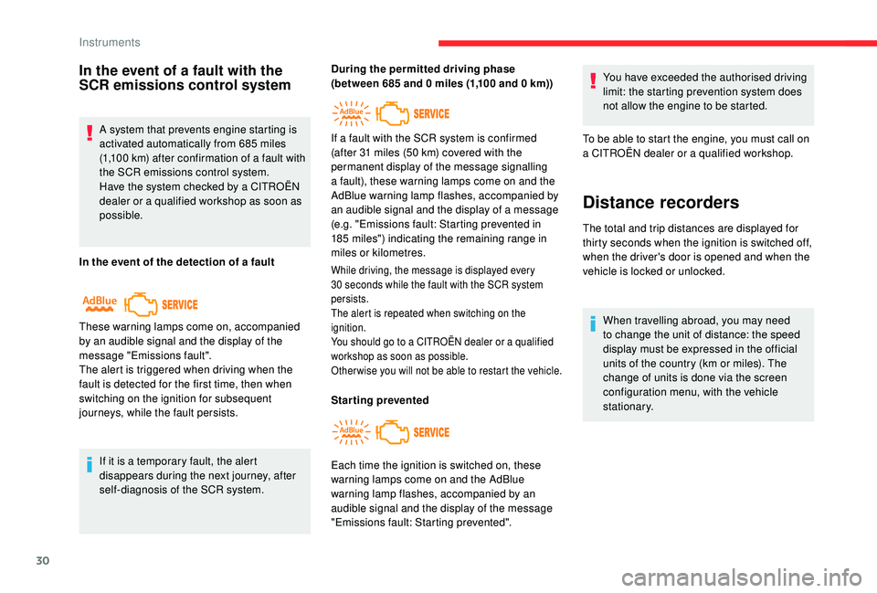 CITROEN C4 PICASSO 2017 Owners Guide 30
In the event of a fault with the 
S CR emissions control system
A system that prevents engine starting is 
activated automatically from 685
  miles 
(1,100
  km) after confirmation of a   fault wit