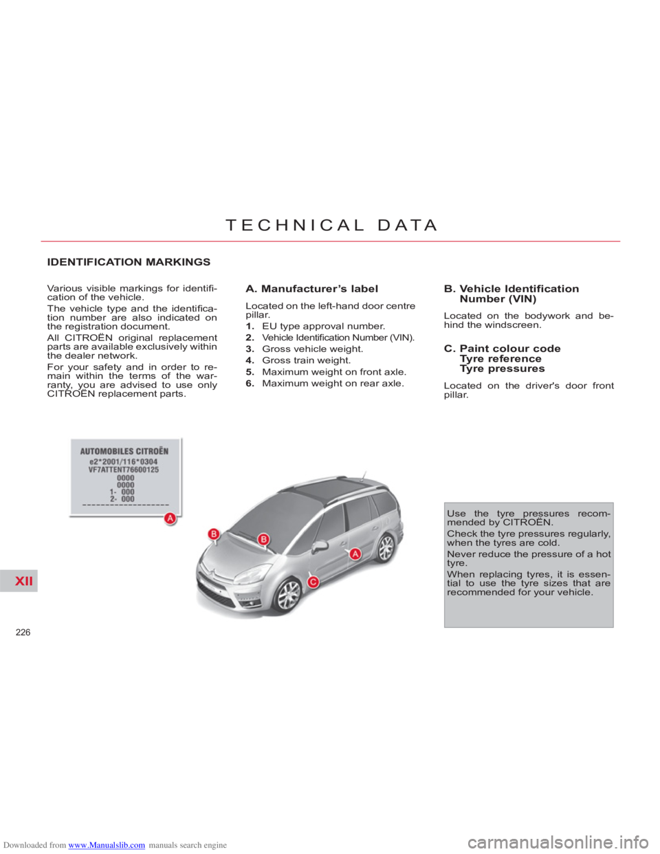 CITROEN C4 PICASSO 2011 User Guide Downloaded from www.Manualslib.com manuals search engine XII
226
TECHNICAL DATA
IDENTIFICATION MARKINGS
Various visible markings for identifi -
cation of the vehicle.
The vehicle type and the i CITROEN C4 PICASSO 2011 User Guide Downloaded from www.Manualslib.com manuals search engine XII
226
TECHNICAL DATA
IDENTIFICATION MARKINGS
Various visible markings for identifi -
cation of the vehicle.
The vehicle type and the i