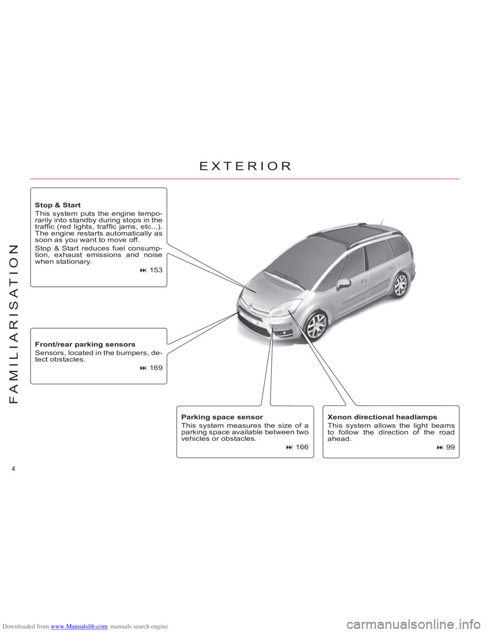 CITROEN C4 PICASSO 2011  Owners Manual Downloaded from www.Manualslib.com manuals search engine 4 
FAMILIARISATION
   
Xenon directional headlamps 
 
  This system allows the light beams 
to follow the direction of the road 
ahead. 
   
 
