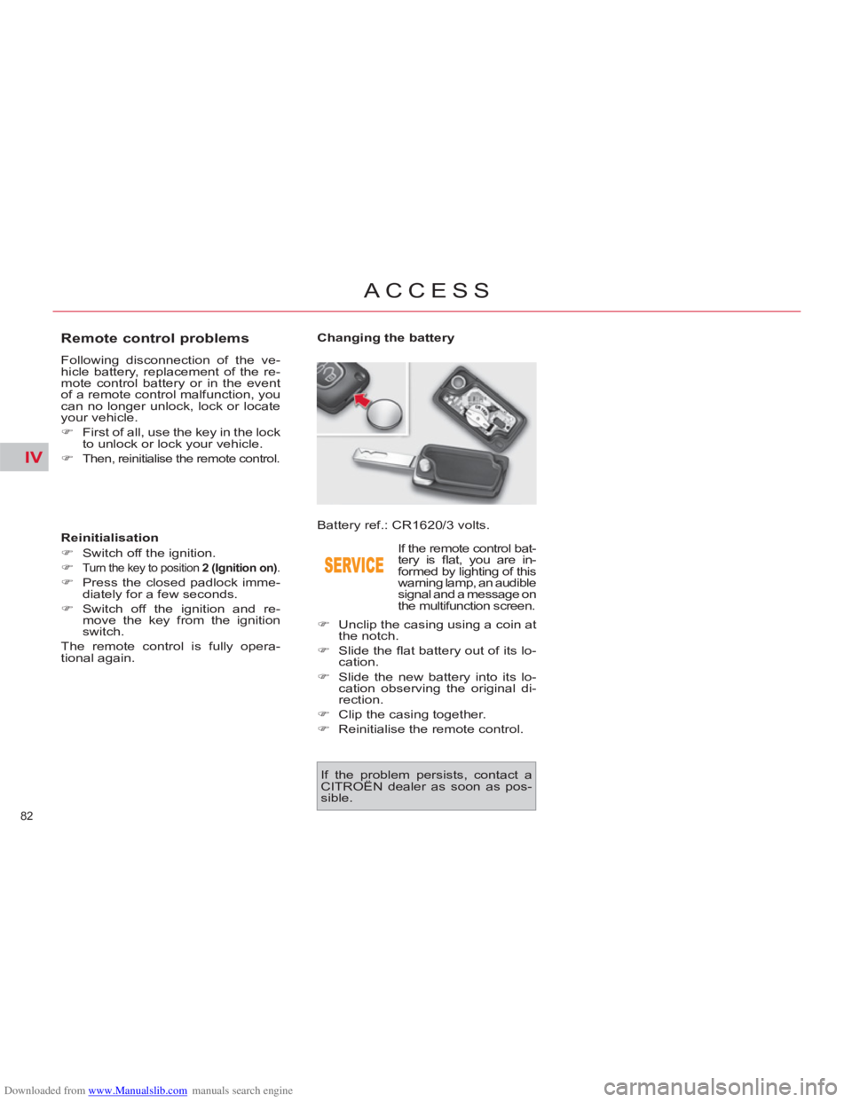 CITROEN C4 PICASSO 2011 Manual Online Downloaded from www.Manualslib.com manuals search engine IV
82 
ACCESS
   
 
 
 
 
 
 
 
 
 
 
 
 
 
 
Remote control problems 
 
Following disconnection of the ve-
hicle battery, replacement of the r