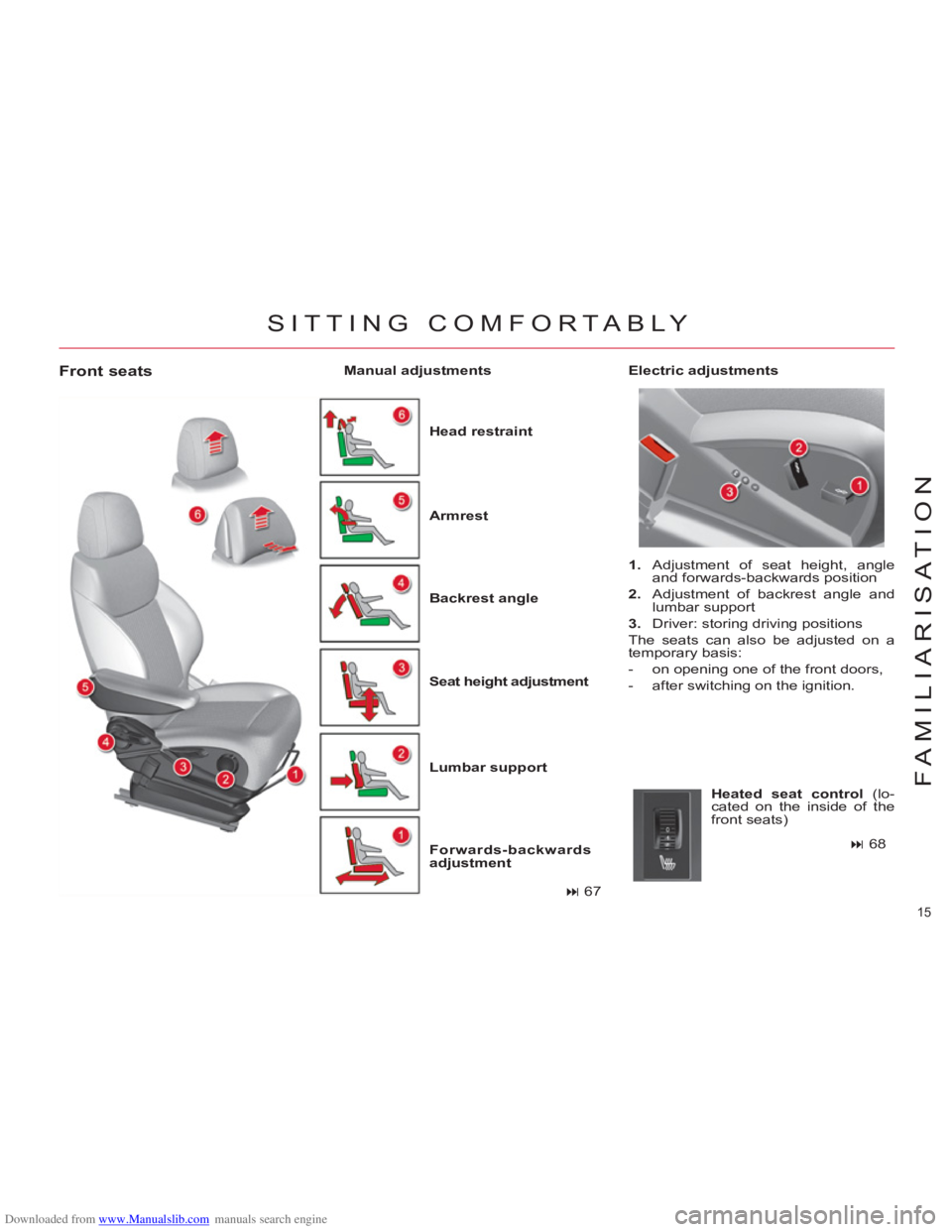 CITROEN C4 PICASSO 2010  Owners Manual Downloaded from www.Manualslib.com manuals search engine 15 
FAMILIARISATION
   
Front seats 
 
 
Head restraint 
 
   
Backrest angle 
 
   
Seat height adjustment   
   
Lumbar support 
 
   
Forwar