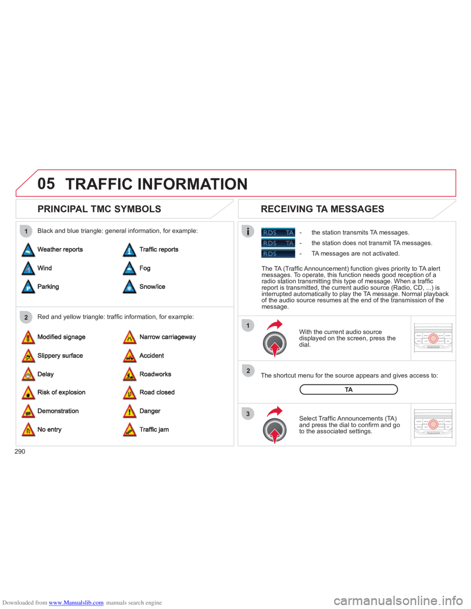 CITROEN C4 PICASSO 2010 Owners Manual Downloaded from www.Manualslib.com manuals search engine 290
05
2 1
3
2 1
PRINCIPAL TMC SYMBOLS
With the current audio source
displayed on the screen, press the
dial.
The shor CITROEN C4 PICASSO 2010 Owners Manual Downloaded from www.Manualslib.com manuals search engine 290
05
2 1
3
2 1
PRINCIPAL TMC SYMBOLS
With the current audio source
displayed on the screen, press the
dial.
The shor