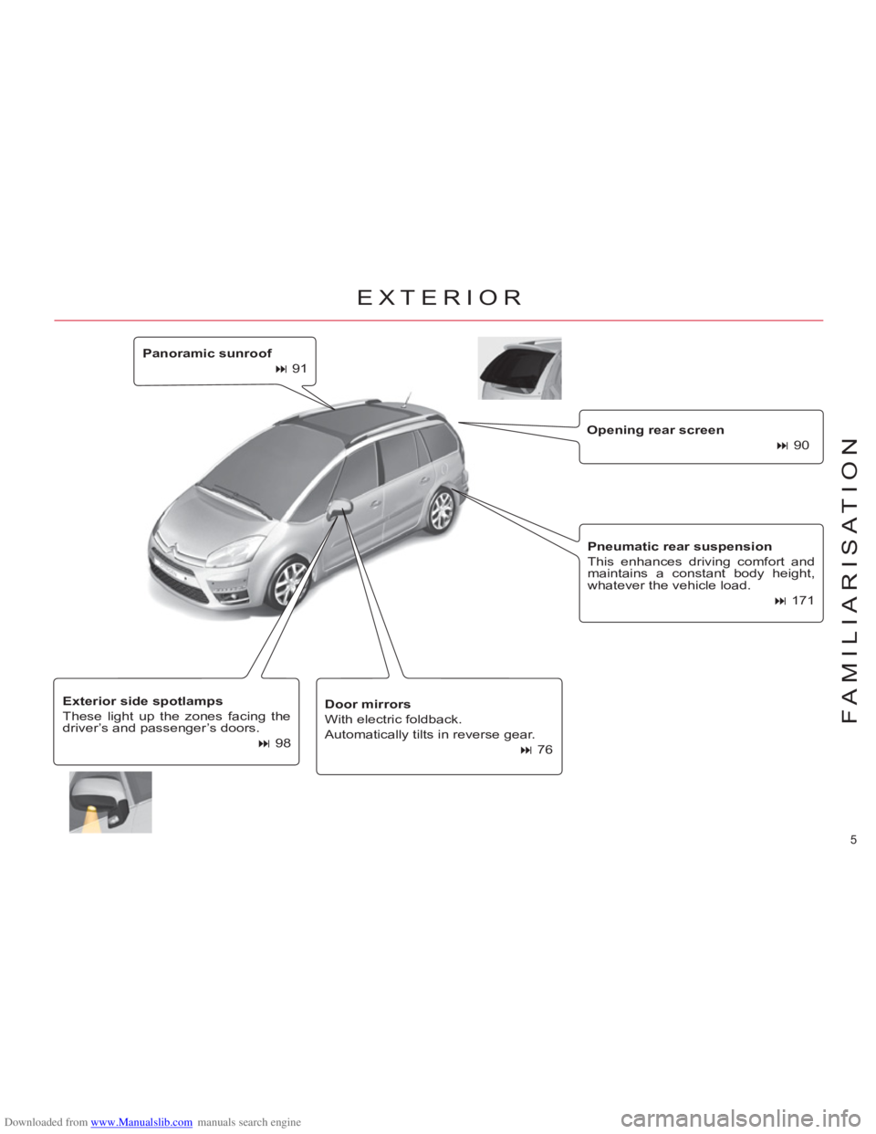 CITROEN C4 PICASSO 2010  Owners Manual Downloaded from www.Manualslib.com manuals search engine 5 
FAMILIARISATION
   
Panoramic sunroof 
 
   
 
� 
 91  
   
Opening rear screen 
 
   
 
� 
 90  
   
Pneumatic rear suspension 
 
  This 