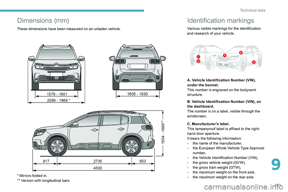 CITROEN C5 AIRCROSS 2021 Owners Manual 221
Identification markings
Various visible markings for the identification
and research of your vehicle.
A. Vehicle Identification Number (VIN),
under the bonnet.
This number is engraved on the bod CITROEN C5 AIRCROSS 2021 Owners Manual 221
Identification markings
Various visible markings for the identification
and research of your vehicle.
A. Vehicle Identification Number (VIN),
under the bonnet.
This number is engraved on the bod