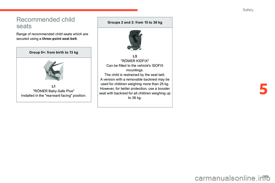 CITROEN C5 AIRCROSS 2019 Owners Manual 109
Recommended child
seats
Range of recommended child seats which are
secured using a three-point seat belt .
Group 0+: from bir th to 13
kg
L1
"RÖMER Baby-Safe Plus"
Installed in the & CITROEN C5 AIRCROSS 2019 Owners Manual 109
Recommended child
seats
Range of recommended child seats which are
secured using a three-point seat belt .
Group 0+: from bir th to 13
kg
L1
"RÖMER Baby-Safe Plus"
Installed in the &