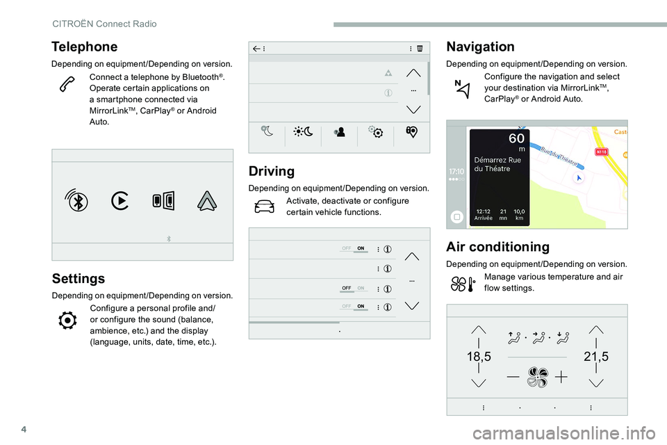 CITROEN C5 AIRCROSS 2019  Owners Manual 4
21,518,5
Telephone
Depending on equipment/Depending on version.
Connect a telephone by Bluetooth®.
Operate certain applications on 
a
 
smartphone connected via 
MirrorLink
TM, CarPlay® or Android