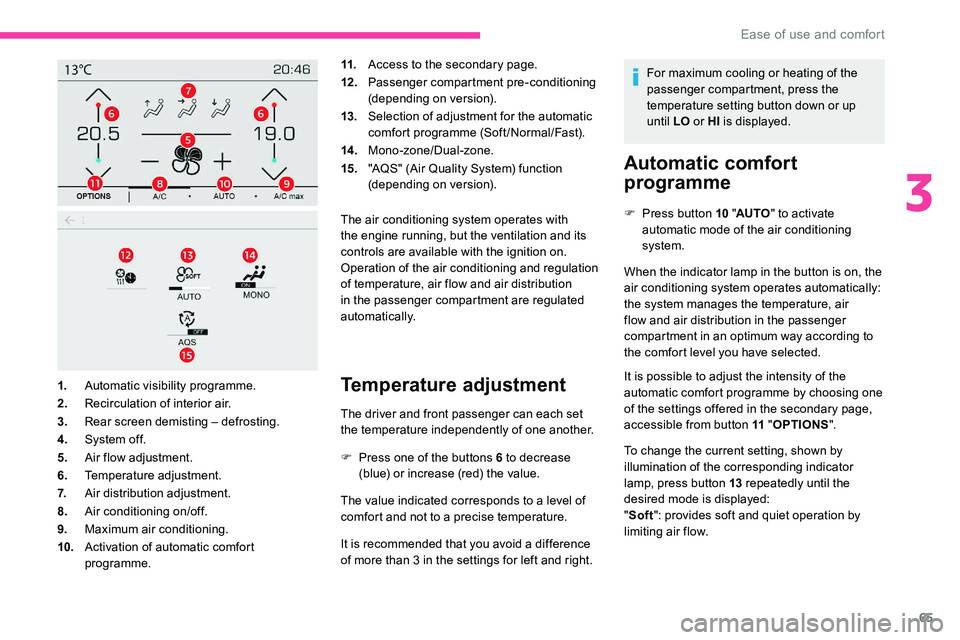 CITROEN C5 AIRCROSS 2019 Repair Manual 65
11.Access to the secondary page.
12 . Passenger compartment pre-conditioning
(depending on version).
13. Selection of adjustment for the automatic
comfort programme (Soft/Normal/Fast).
14 . Mono- CITROEN C5 AIRCROSS 2019 Repair Manual 65
11.Access to the secondary page.
12 . Passenger compartment pre-conditioning
(depending on version).
13. Selection of adjustment for the automatic
comfort programme (Soft/Normal/Fast).
14 . Mono-