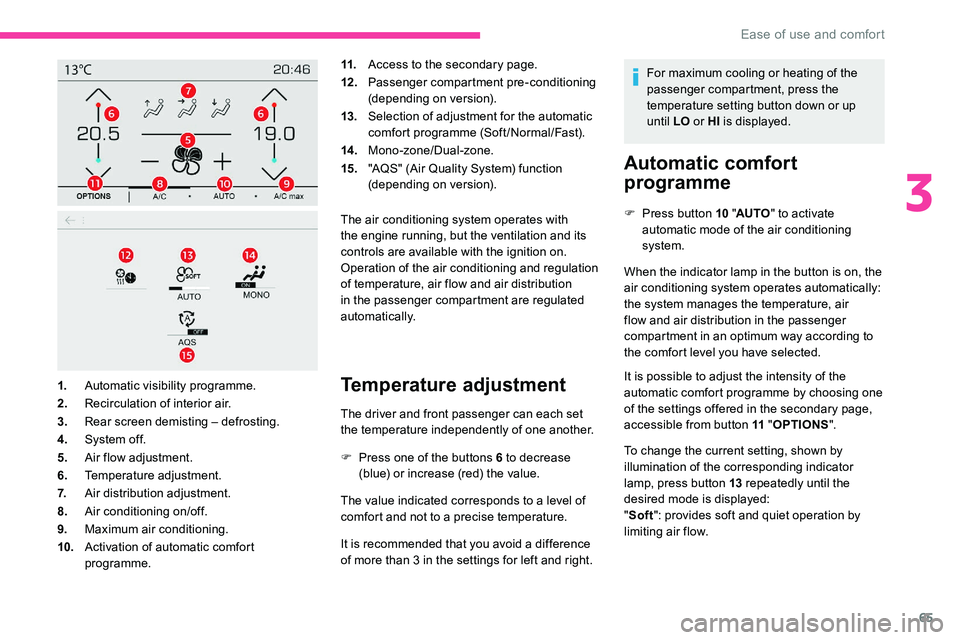 CITROEN C5 AIRCROSS 2019  Owners Manual 65
11.Access to the secondary page.
12 . Passenger compartment pre-conditioning 
(depending on version).
13. Selection of adjustment for the automatic 
comfort programme (Soft/Normal/Fast).
14 . Mono-