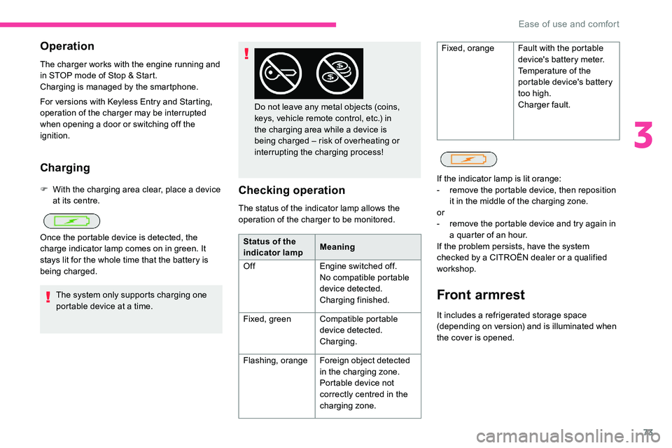 CITROEN C5 AIRCROSS 2019 Owners Manual 73
Operation
The charger works with the engine running and
in STOP mode of Stop & Start.
Charging is managed by the smartphone.
For versions with Keyless Entry and Starting,
operation of the charger CITROEN C5 AIRCROSS 2019 Owners Manual 73
Operation
The charger works with the engine running and
in STOP mode of Stop & Start.
Charging is managed by the smartphone.
For versions with Keyless Entry and Starting,
operation of the charger