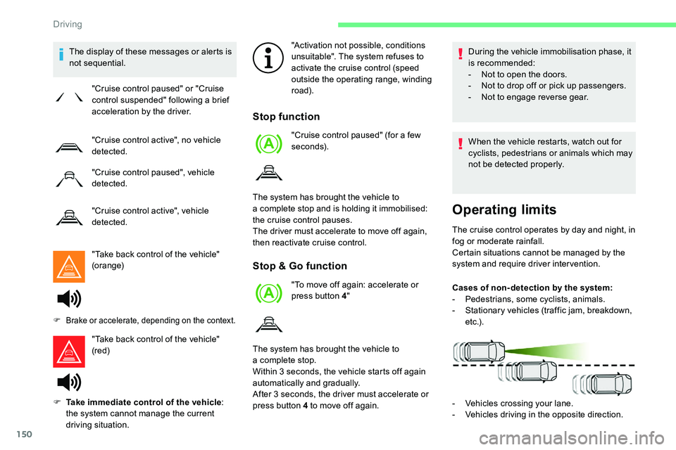 CITROEN C5 AIRCROSS 2017  Owners Manual 150
The display of these messages or alerts is 
not sequential."Take back control of the vehicle" 
(orange)
"Take back control of the vehicle" 
(red) "Activation not possible, cond