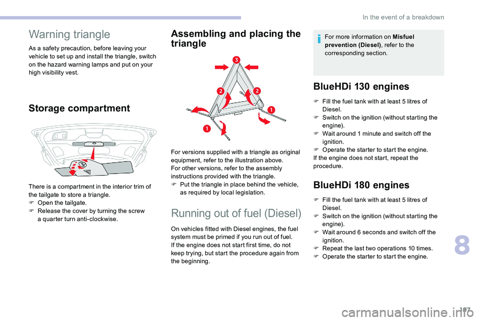 CITROEN C5 AIRCROSS 2017  Owners Manual 197
Warning triangle
As a safety precaution, before leaving your 
v ehicle to set up and install the triangle, switch 
on the hazard warning lamps and put on your 
high visibility vest.
Storage compar