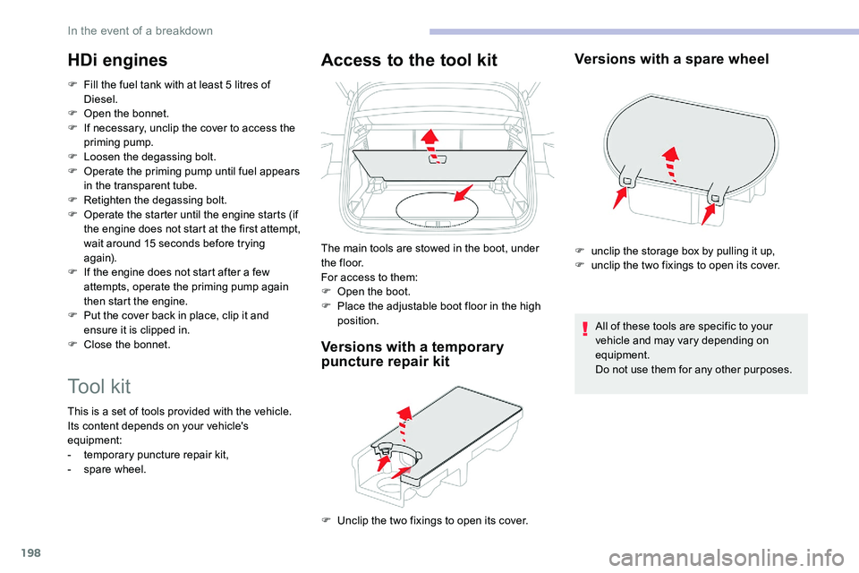 CITROEN C5 AIRCROSS 2017  Owners Manual 198
HDi engines
F Fill the fuel tank with at least 5  litres of 
Diesel.
F
 
O
 pen the bonnet.
F
 
I
 f necessary, unclip the cover to access the 
priming pump.
F
 
L
 oosen the degassing bolt.
F
 
O
