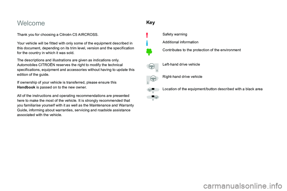 CITROEN C5 AIRCROSS 2017 Owners Manual 1
Welcome
Thank you for choosing a Citroën C5 AIRCROSS.
Y our vehicle will be fitted with only some of the equipment described in
this document, depending on its trim level, version and the specific CITROEN C5 AIRCROSS 2017 Owners Manual 1
Welcome
Thank you for choosing a Citroën C5 AIRCROSS.
Y our vehicle will be fitted with only some of the equipment described in
this document, depending on its trim level, version and the specific