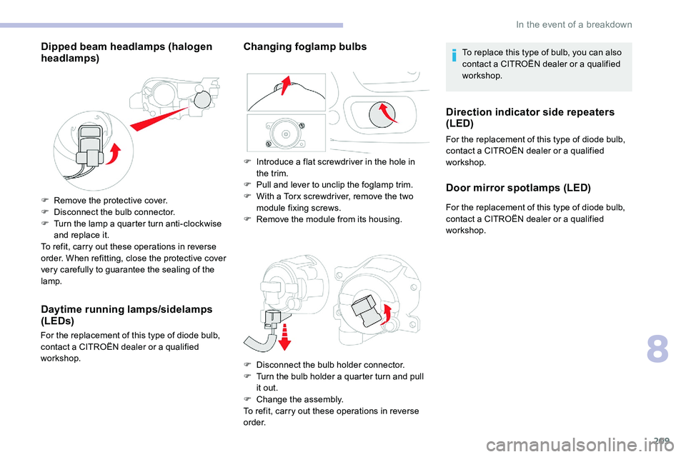 CITROEN C5 AIRCROSS 2017 Owners Manual 209
Dipped beam headlamps (halogen
headlamps)
F Remove the protective cover.
F D isconnect the bulb connector.
F
T
urn the lamp a quarter turn anti-clockwise
and replace it.
To refit, carry out CITROEN C5 AIRCROSS 2017 Owners Manual 209
Dipped beam headlamps (halogen
headlamps)
F Remove the protective cover.
F D isconnect the bulb connector.
F
T
urn the lamp a quarter turn anti-clockwise
and replace it.
To refit, carry out