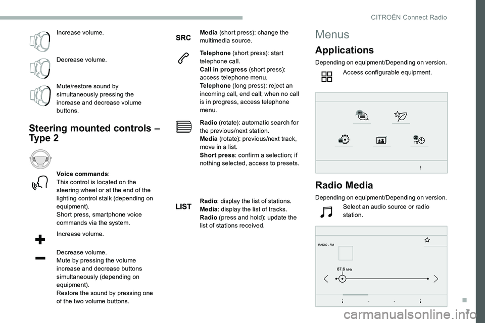 CITROEN C5 AIRCROSS 2017 Owners Manual 3
Increase volume.
Decrease volume.
Mute/restore sound by
simultaneously pressing the
increase and decrease volume
buttons.
Steering mounted controls –
Ty p e 2
Voice commands:
This control is CITROEN C5 AIRCROSS 2017 Owners Manual 3
Increase volume.
Decrease volume.
Mute/restore sound by
simultaneously pressing the
increase and decrease volume
buttons.
Steering mounted controls –
Ty p e 2
Voice commands:
This control is