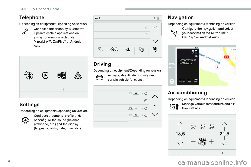 CITROEN C5 AIRCROSS 2017 Owners Manual 4
21,518,5
Telephone
Depending on equipment/Depending on version.
Connect a telephone by Bluetooth®.
Operate certain applications on
a
smartphone connected via
MirrorLink
TM, CarPlay® or Android CITROEN C5 AIRCROSS 2017 Owners Manual 4
21,518,5
Telephone
Depending on equipment/Depending on version.
Connect a telephone by Bluetooth®.
Operate certain applications on
a
smartphone connected via
MirrorLink
TM, CarPlay® or Android