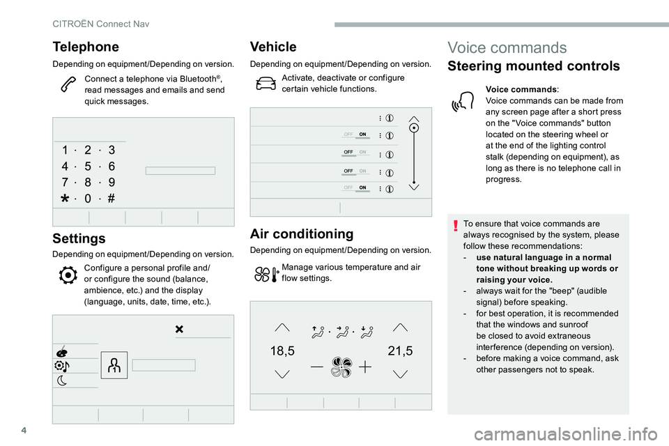 CITROEN C5 AIRCROSS 2017  Owners Manual 4
21,518,5
Telephone
Depending on equipment/Depending on version.
Connect a telephone via Bluetooth®, 
read messages and emails and send 
quick messages.
Settings
Depending on equipment/Depending on 