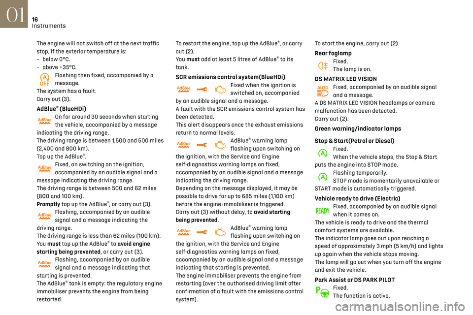 CITROEN DS3 CROSSBACK 2023 User Guide 16
Instruments01
The engine will not switch off at the next traffic 
stop, if the exterior temperature is:
– 
belo
 w 0°C.
–
 
abo
 ve +35°C.
Flashing then fixed, accompanied by a 
message.
The 