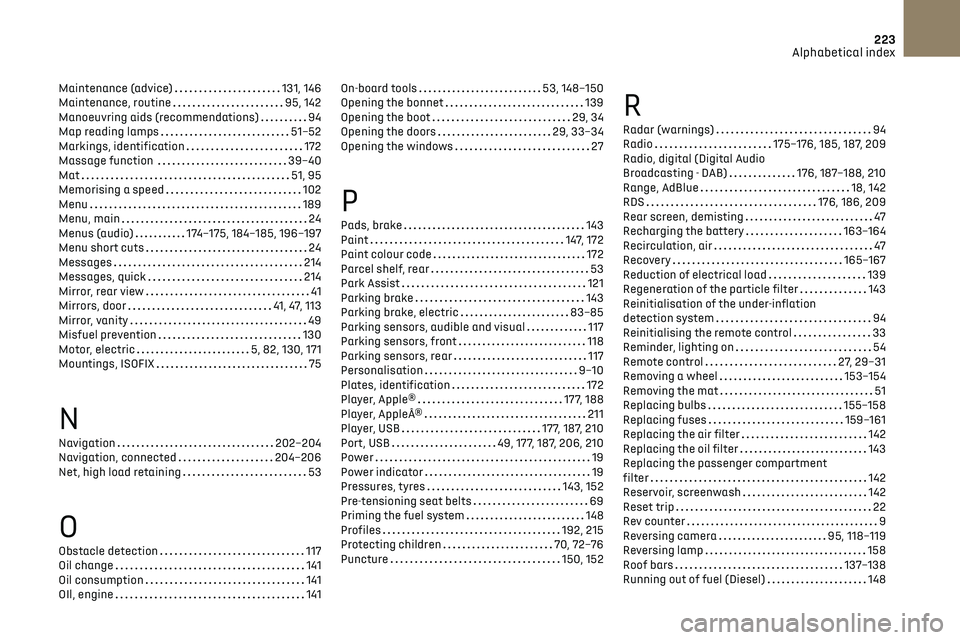 CITROEN DS3 CROSSBACK 2023  Owners Manual 223
Alphabetical index
Maintenance (advice)     131, 146
Maintenance, routine    
95, 142
Manoeuvring aids (recommendations)
   
94
Map reading lamps
    
51–52
Markings, identification
   
172
Mass