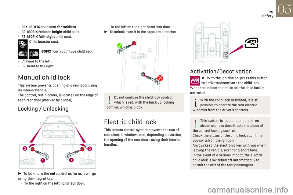 CITROEN DS3 CROSSBACK 2023  Owners Manual 79Safety05
– F2X: ISOFIX child seat for toddlers.
–  F2 : ISOFIX reduced height child seat.
–
 
F3
 : ISOFIX full height child seat.
Child booster seat. 
ISOFIX "carrycot" type child sea