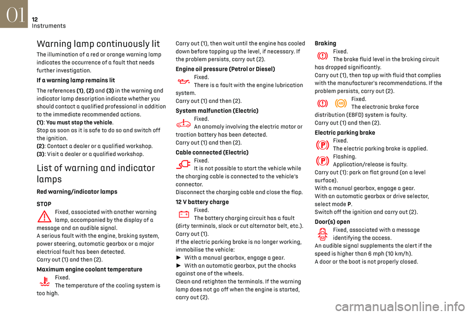 CITROEN DS3 CROSSBACK 2020  Owners Manual 12Instruments01
Warning lamp continuously lit
The illumination of a red or orange warning lamp 
indicates the occurrence of a fault that needs 
further investigation.
If a warning lamp remains lit
The