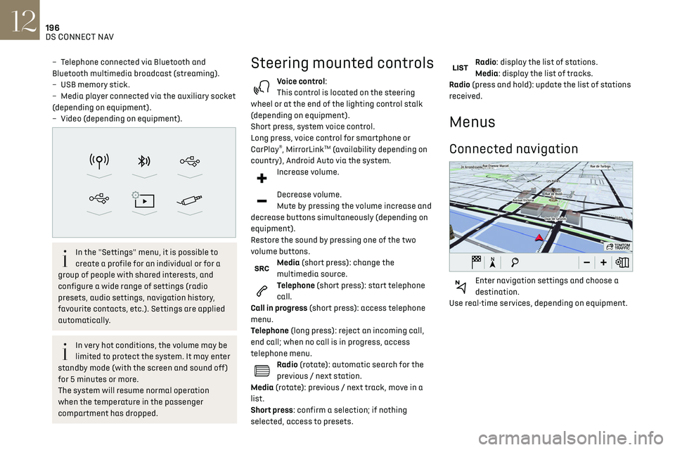 CITROEN DS3 CROSSBACK 2019 Owners Manual 196
DS CONNECT NAV12
Applications
Run certain applications on a smartphone
connected via CarPlay®, MirrorLinkTM
(available in some countries) or Android Auto.
Check the status of Bluetooth
® an CITROEN DS3 CROSSBACK 2019 Owners Manual 196
DS CONNECT NAV12
Applications
Run certain applications on a smartphone
connected via CarPlay®, MirrorLinkTM
(available in some countries) or Android Auto.
Check the status of Bluetooth
® an