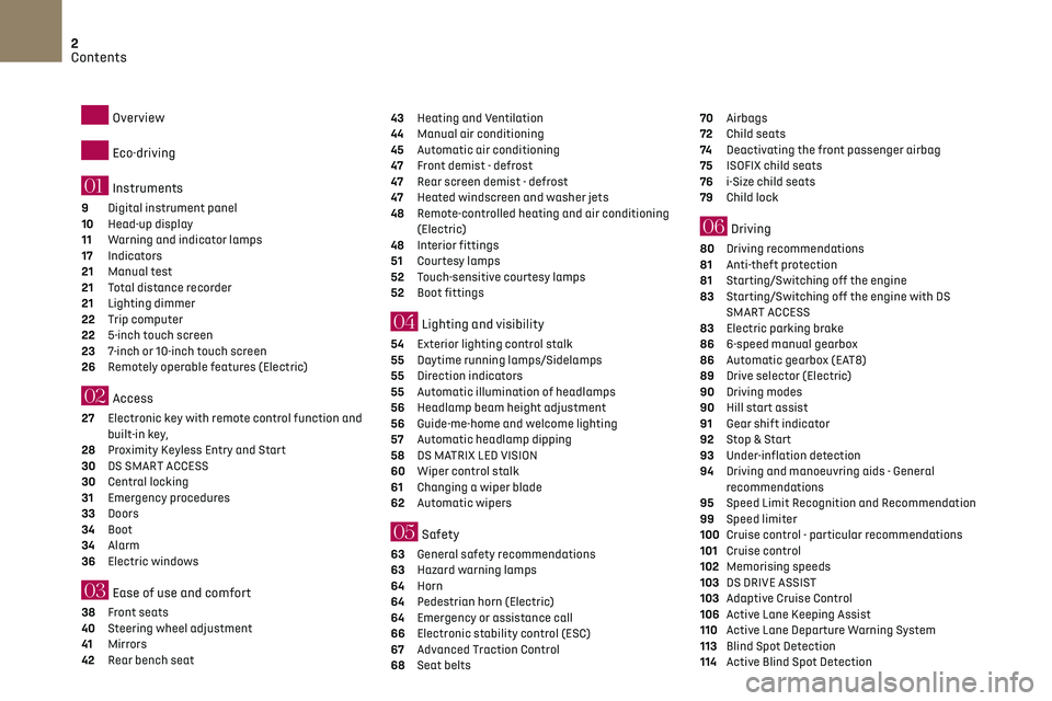 CITROEN DS3 CROSSBACK 2019  Owners Manual 2
Contents
 
 
 
 
 
 
Overview
Eco-driving
01 Instruments
9 Digital instrument panel 
10 Head-up display 
11 Warning and indicator lamps 
17 Indicators 
21 Manual test 
21 Total distance recorder 
21