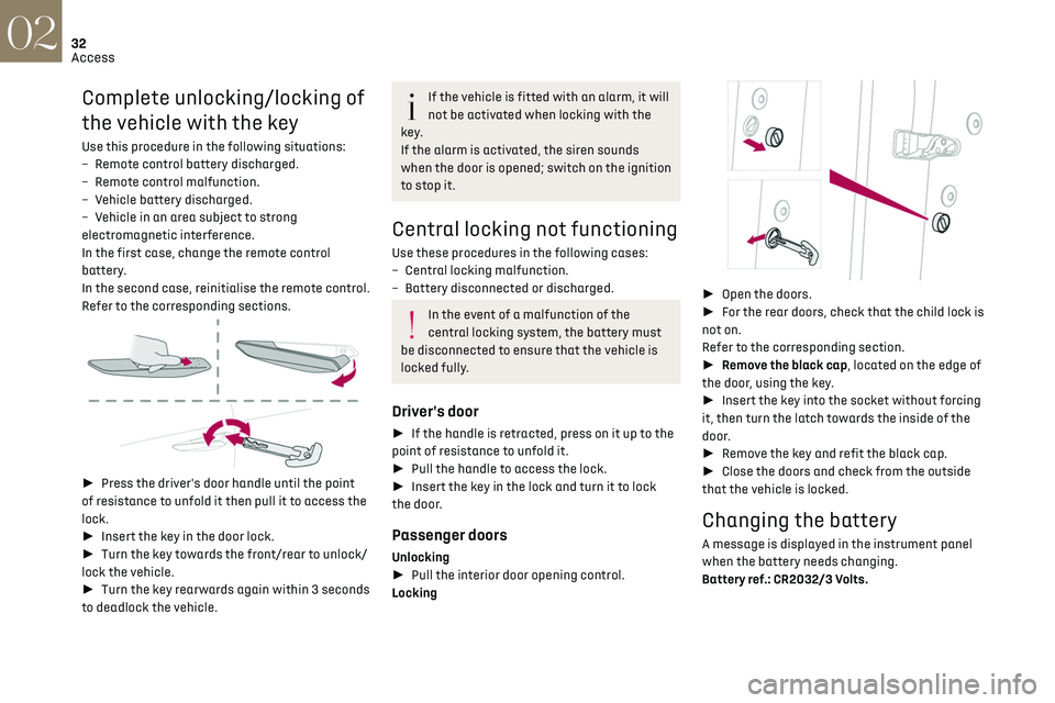 CITROEN DS3 CROSSBACK 2019  Owners Manual 32
Access02
 
► Unclip the cover by inserting a small 
screwdriver in the slot and raise the cover.
►  Remove the discharged battery from its 
housing.
►  Insert the new battery, observing