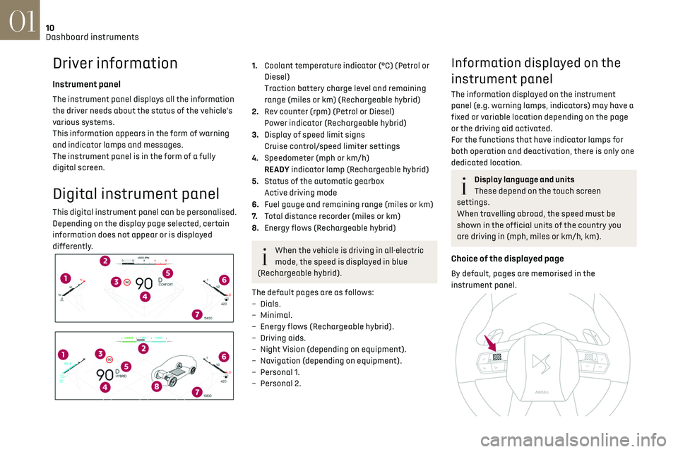 CITROEN DS7 CROSSBACK 2023  Owners Manual 10
Dashboard instruments01
Driver information
Instrument panel
The instrument panel displays all the information 
the driver needs about the status of the vehicle's 
various systems.
This informat