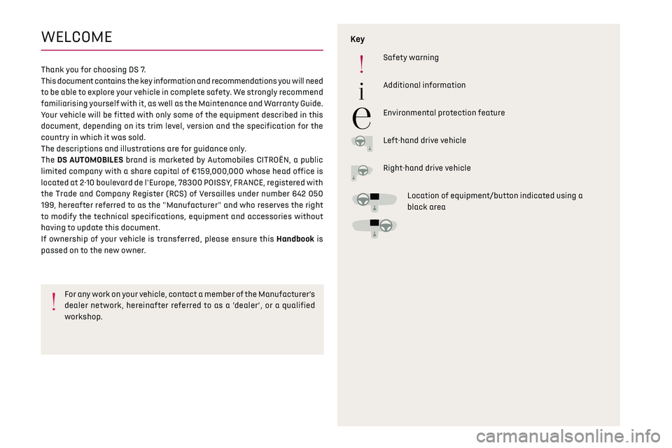 CITROEN DS7 CROSSBACK 2023  Owners Manual   
 
 
 
  
   
   
 
  
 
  
 
 
   
 
 
   
 
 
  
WELCOME
Thank you for choosing DS 7.
This document contains the key information and recommendations you will need 
to be able to explore your vehic