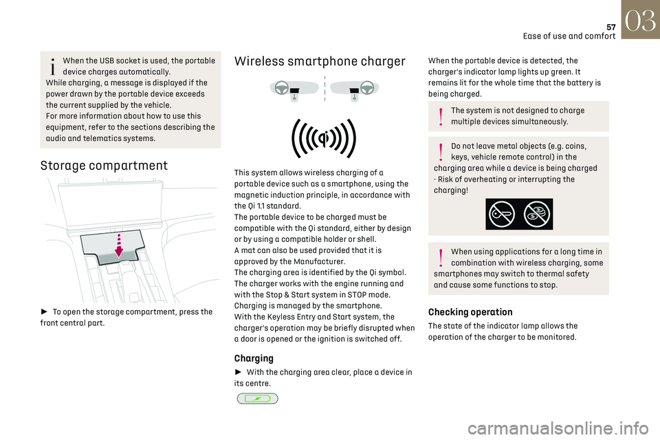 CITROEN DS7 CROSSBACK 2023  Owners Manual 57
Ease of use and comfort03
When the USB socket is used, the portable 
device charges automatically.
While charging, a message is displayed if the 
power drawn by the portable device exceeds 
the cur