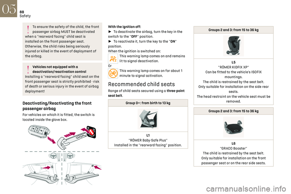 CITROEN DS7 CROSSBACK 2023  Owners Manual 88
Safety05
To ensure the safety of the child, the front 
passenger airbag MUST be deactivated 
when a "rearward facing" child seat is 
installed on the front passenger seat. 
Otherwise, the c
