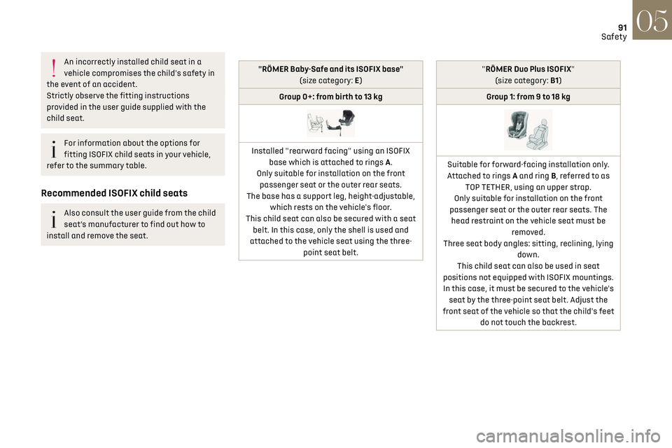 CITROEN DS7 CROSSBACK 2023  Owners Manual 91
Safety05
An incorrectly installed child seat in a 
vehicle compromises the child's safety in 
the event of an accident.
Strictly observe the fitting instructions 
provided in the user guide sup