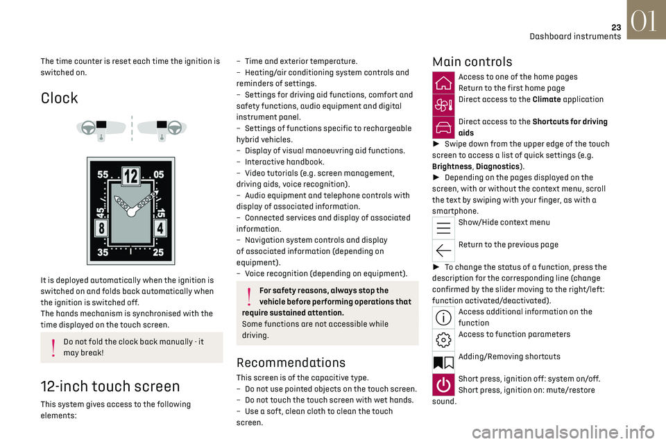 CITROEN DS7 CROSSBACK 2022  Owners Manual 23
Dashboard instruments01
The time counter is reset each time the ignition is 
switched on.
Clock 
 
 
 
It is deployed automatically when the ignition is 
switched on and folds back automatically wh