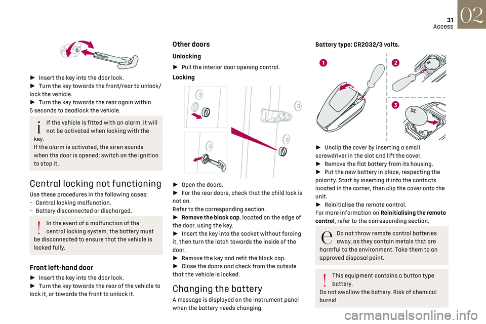 CITROEN DS7 CROSSBACK 2022  Owners Manual 31
Access02
 
►  Insert the key into the door lock.
►  Turn the key towards the front/rear to unlock/
lock the vehicle.
►  Turn the key towards the rear again within 
5 seconds to deadloc