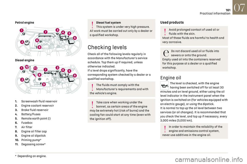 CITROEN DS7 CROSSBACK 2021  Owners Manual 161
Practical information07
Petrol engine 
 
Diesel engine 
 
1. Screenwash fluid reservoir
2. Engine coolant reservoir
3. Brake fluid reservoir
4. Battery/Fuses
5. Remote earth point (-)
6. Fusebox
7
