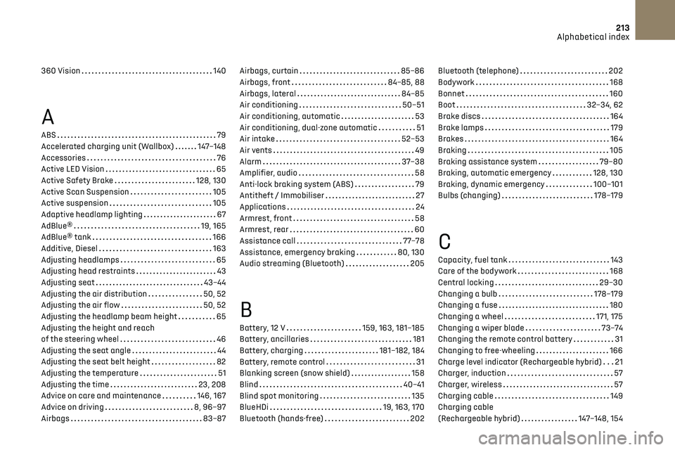 CITROEN DS7 CROSSBACK 2021 Owners Manual 213Alphabetical index
360 Vision 140
A
ABS 79
Accelerated charging unit (Wallbox)
147–148
Accessories
76
Active LED Vision
65
Active Safety Brake
128, 130
Active Scan Suspen CITROEN DS7 CROSSBACK 2021 Owners Manual 213Alphabetical index
360 Vision 140
A
ABS 79
Accelerated charging unit (Wallbox)
147–148
Accessories
76
Active LED Vision
65
Active Safety Brake
128, 130
Active Scan Suspen