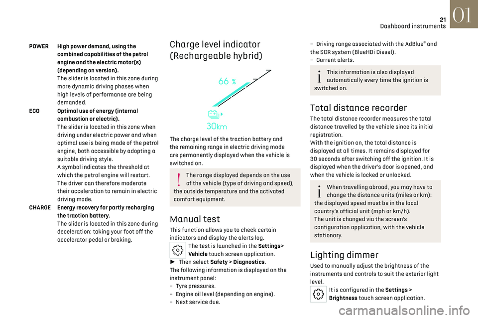 CITROEN DS7 CROSSBACK 2020  Owners Manual 21
Dashboard instruments01
POWER High power demand, using the 
combined capabilities of the petrol 
engine and the electric motor(s) 
(depending on version).
The slider is located in this zone during 