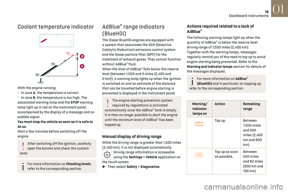 CITROEN DS7 CROSSBACK 2019  Owners Manual 19
Dashboard instruments01
Coolant temperature indicator 
 
With the engine running:
–
 In z one A, the temperature is correct.
–
 
In z
 one B, the temperature is too high. The 
associated warnin
