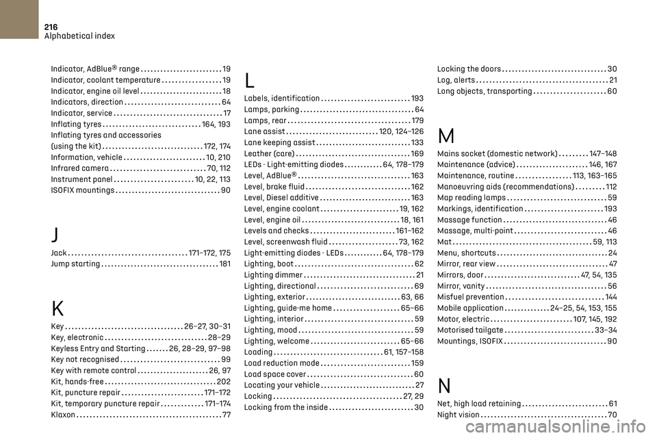 CITROEN DS7 CROSSBACK 2019 User Guide 216Alphabetical index
Indicator, AdBlue® range    19
Indicator, coolant temperature    
19
Indicator, engine oil level
   
18
Indicators, direction
    
64
Indicator, service
    
17
Inflating tyres
