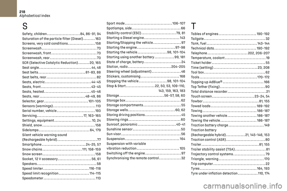 CITROEN DS7 CROSSBACK 2019 Owners Manual 218Alphabetical index
S
Safety, children 84, 86–91, 94
Saturation of the particle filter (Diesel)
163
Screens, very cold conditions
158
Screenwash
73
Screenwash, front
73
Screen CITROEN DS7 CROSSBACK 2019 Owners Manual 218Alphabetical index
S
Safety, children 84, 86–91, 94
Saturation of the particle filter (Diesel)
163
Screens, very cold conditions
158
Screenwash
73
Screenwash, front
73
Screen