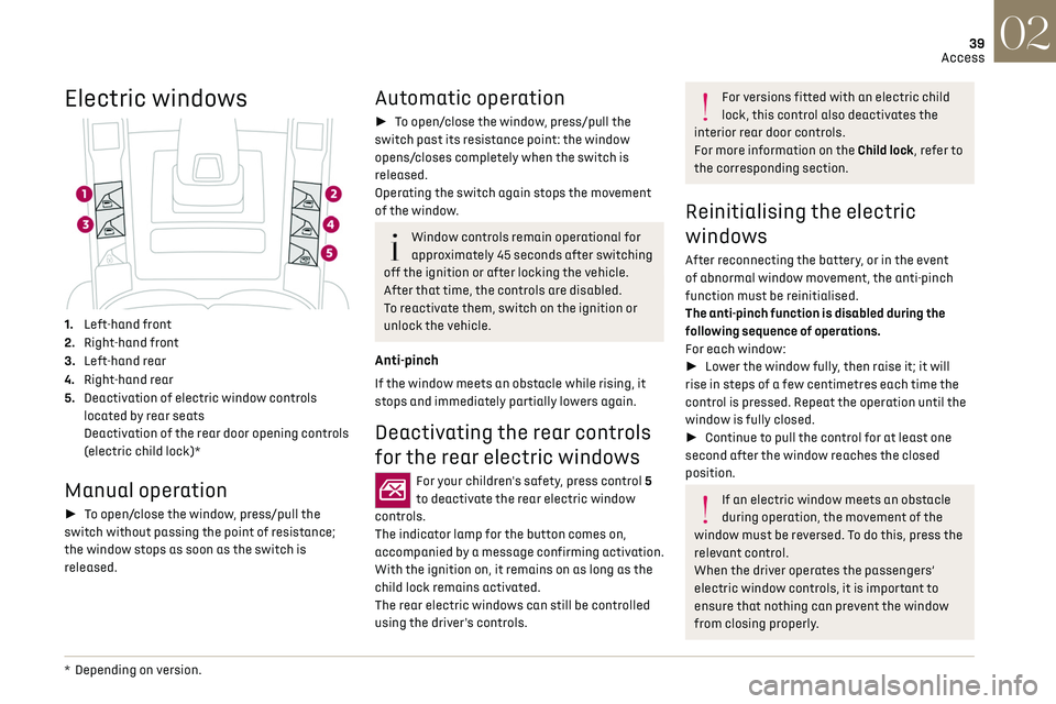 CITROEN DS7 CROSSBACK 2019  Owners Manual 39
Access02
Electric windows
1. Left-hand front
2. Right-hand front
3. Left-hand rear
4. Right-hand rear
5. Deactivation of electric window controls 
located by rear seats
Deactivation of the rear doo