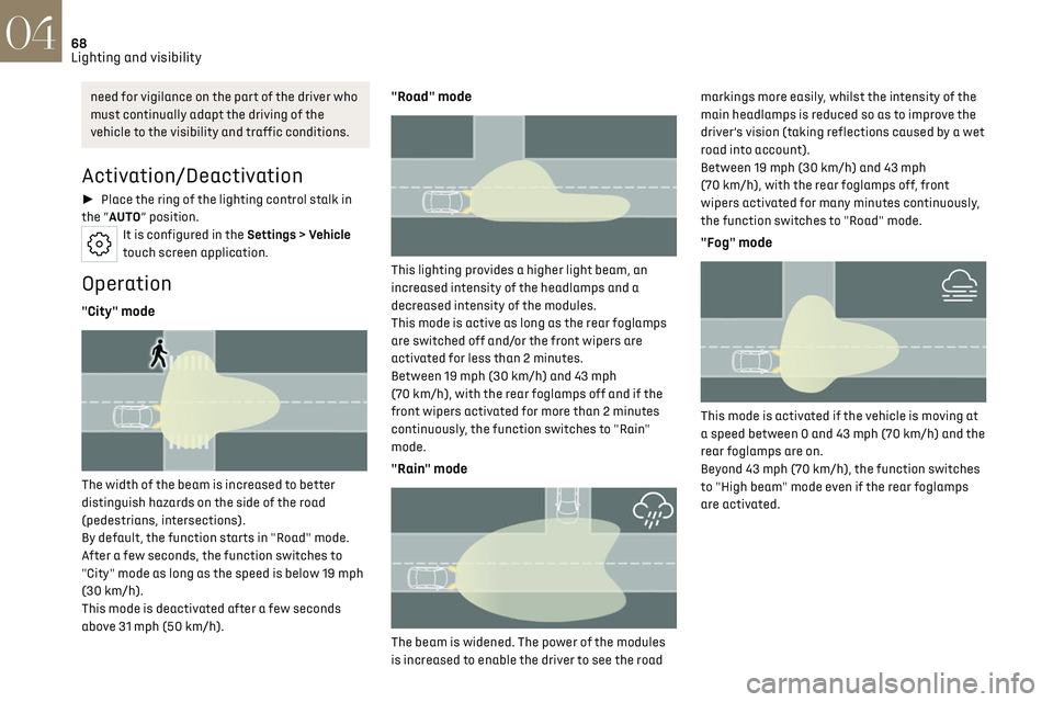 CITROEN DS7 CROSSBACK 2019 User Guide 68
Lighting and visibility04
need for vigilance on the part of the driver who
must continually adapt the driving of the
vehicle to the visibility and traffic conditions.
Activation/Deactivation
â–şâ CITROEN DS7 CROSSBACK 2019 User Guide 68
Lighting and visibility04
need for vigilance on the part of the driver who
must continually adapt the driving of the
vehicle to the visibility and traffic conditions.
Activation/Deactivation
â–şâ