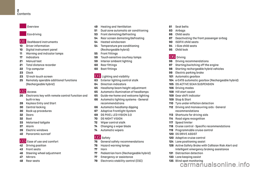 CITROEN DS7 CROSSBACK 2018  Owners Manual 2
Contents
 
 
 
 
 
 Overview
Eco-driving
01 Dashboard instruments
10 Driver information 
10 Digital instrument panel 
11 Warning and indicator lamps 
17 Indicators 
21 Manual test 
21 Total distance