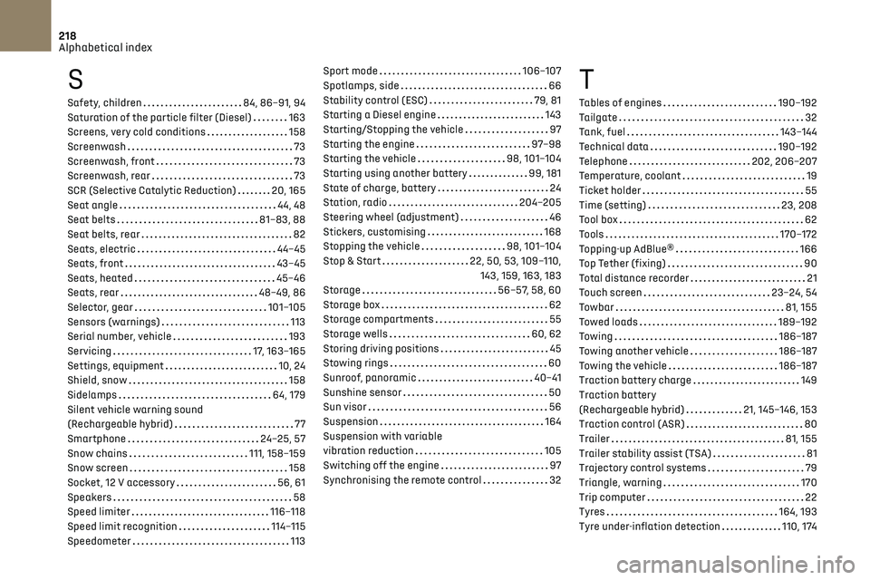 CITROEN DS7 CROSSBACK 2017  Owners Manual 218Alphabetical index
S
Safety, children    84, 86–91, 94
Saturation of the particle filter (Diesel)    
163
Screens, very cold conditions
   
158
Screenwash
    
73
Screenwash, front
    
73
Screen