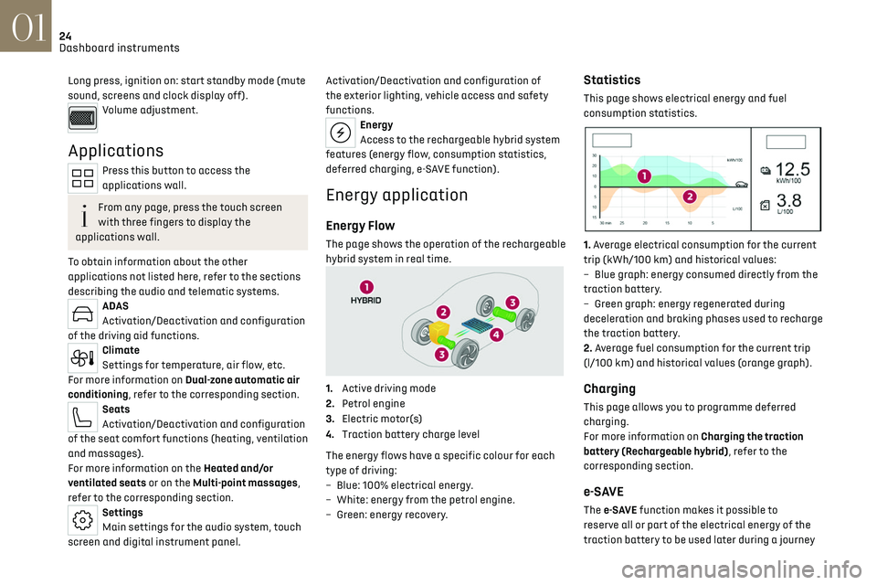CITROEN DS7 CROSSBACK 2017 Owners Manual 24
Dashboard instruments01
Long press, ignition on: start standby mode (mute 
sound, screens and clock display off).
Volume adjustment. 
Applications
Press this button to access the 
applications wall