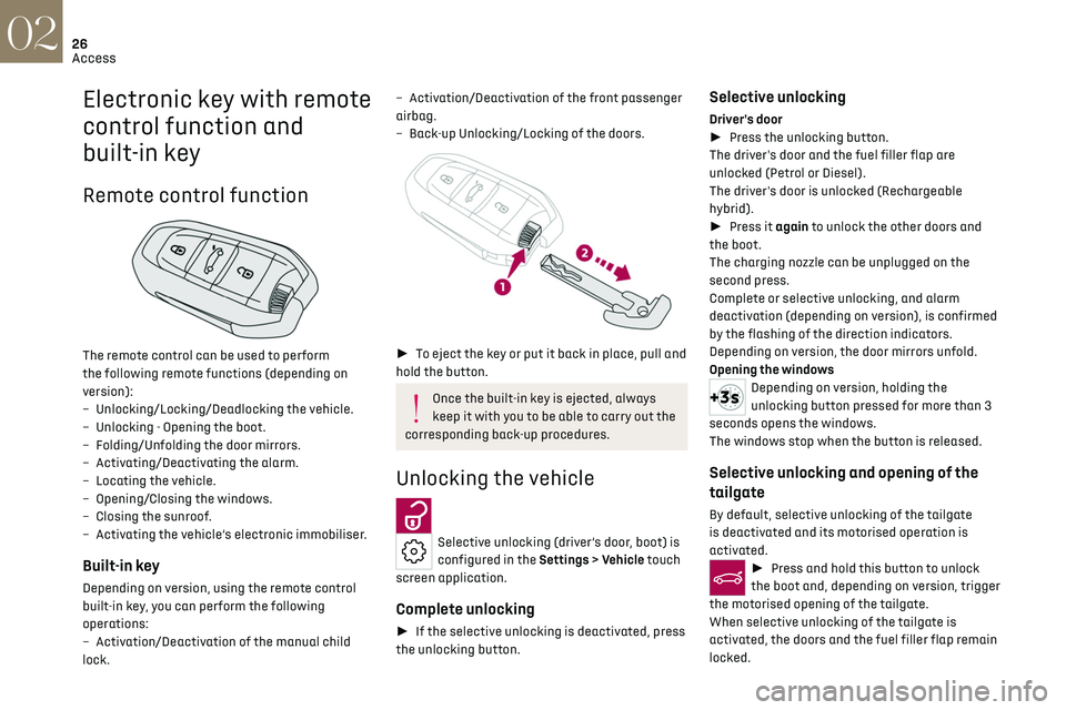 CITROEN DS7 CROSSBACK 2017 Owners Manual 26Access02
Electronic key with remote 
control function and 
built-in key
Remote control function 
 
The remote control can be used to perform 
the following remote functions (depending on 
version):
